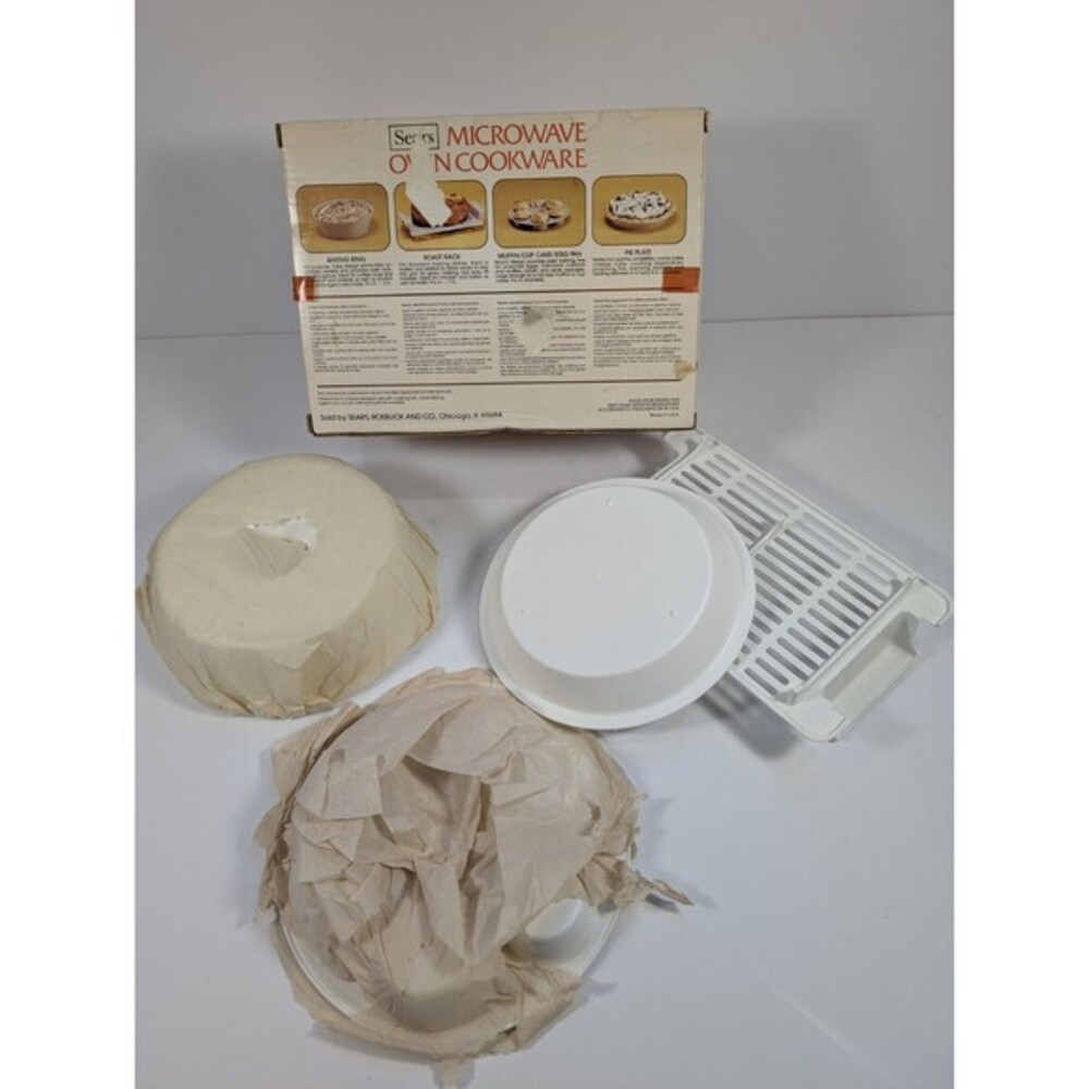 Vintage Sears Microwave Oven Cookware 4 Piece Set Baking Ring Pie Plate Rack USA - Picture 8 of 12